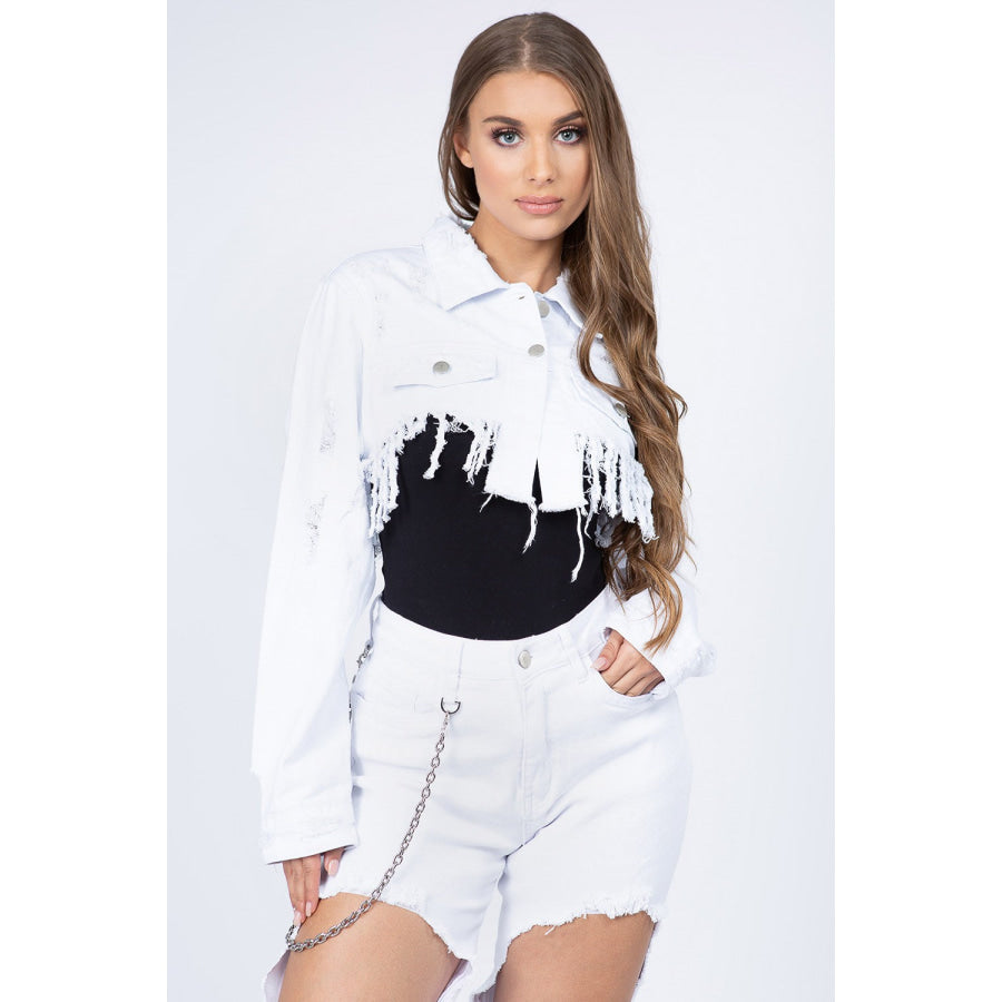 American Bazi Distressed Denim Jacket with Frayed Hem White / S Apparel and Accessories