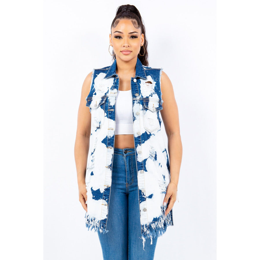 American Bazi Distressed Frayed Edge Longline Denim Vest Ice Blue / S Apparel and Accessories