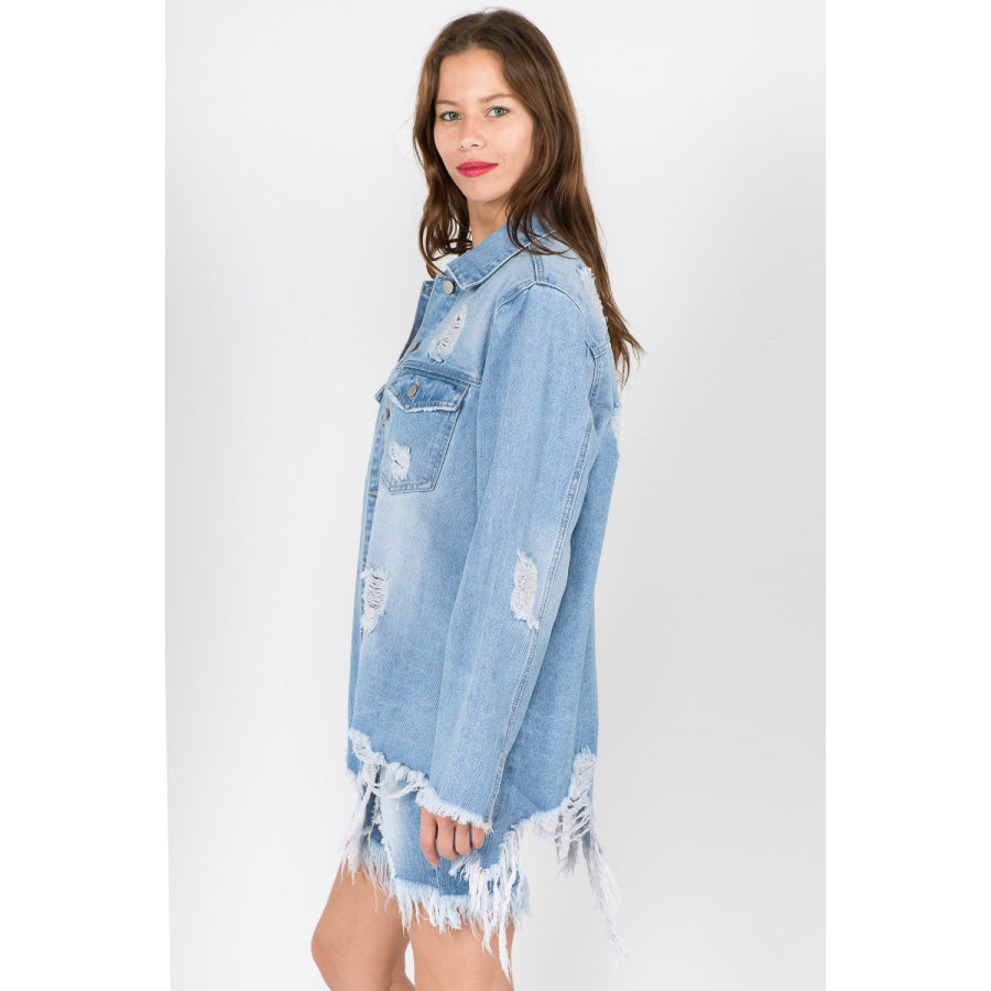 American Bazi Distressed Frayed Hem Denim Jacket Apparel and Accessories