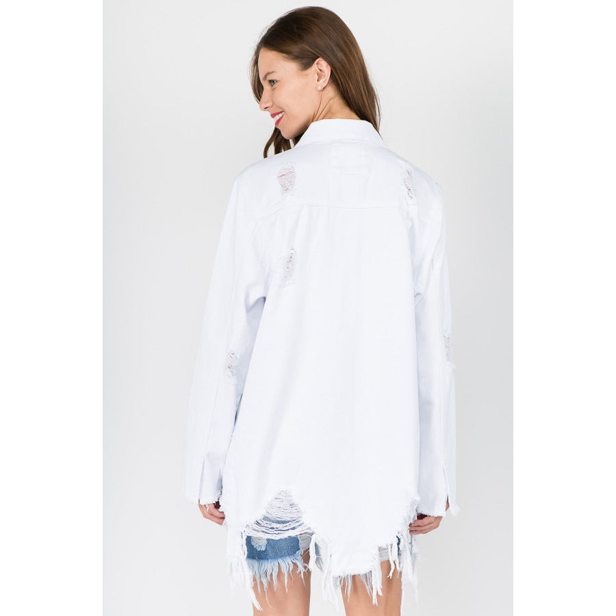 American Bazi Distressed Frayed Hem Denim Jacket White / S Apparel and Accessories