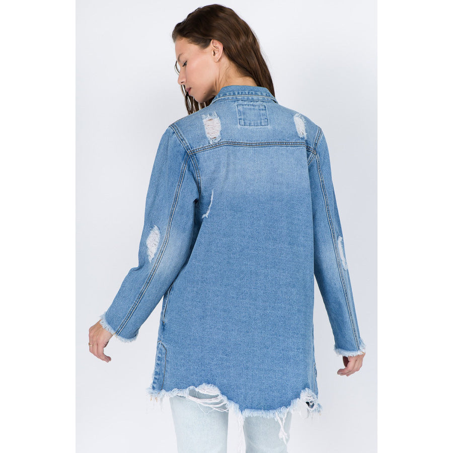 American Bazi Distressed Frayed Hem Denim Jacket Apparel and Accessories