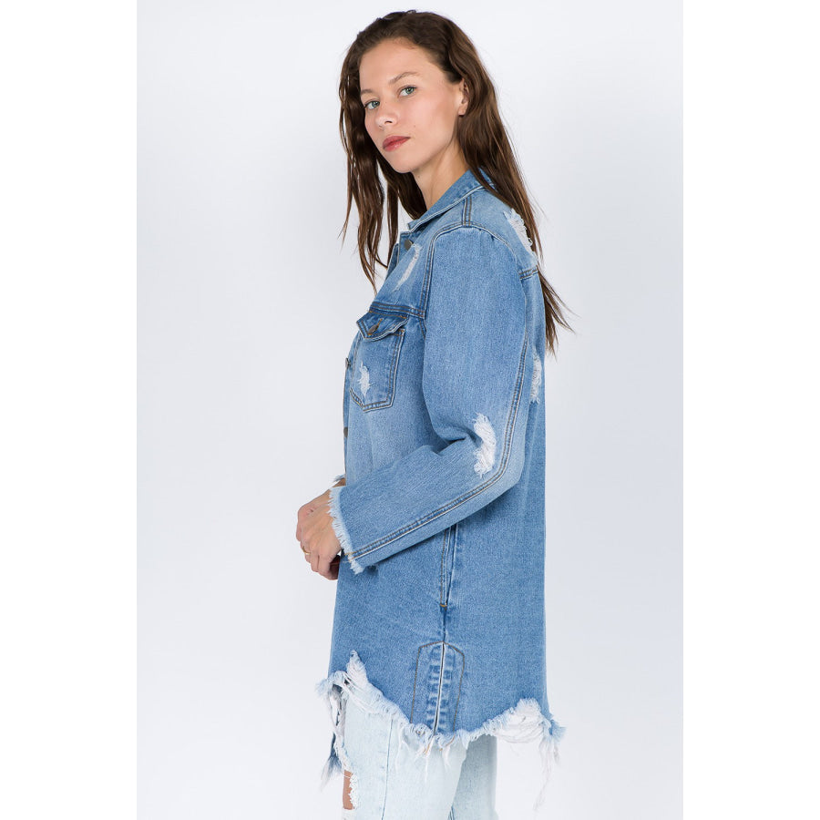 American Bazi Distressed Frayed Hem Denim Jacket Apparel and Accessories