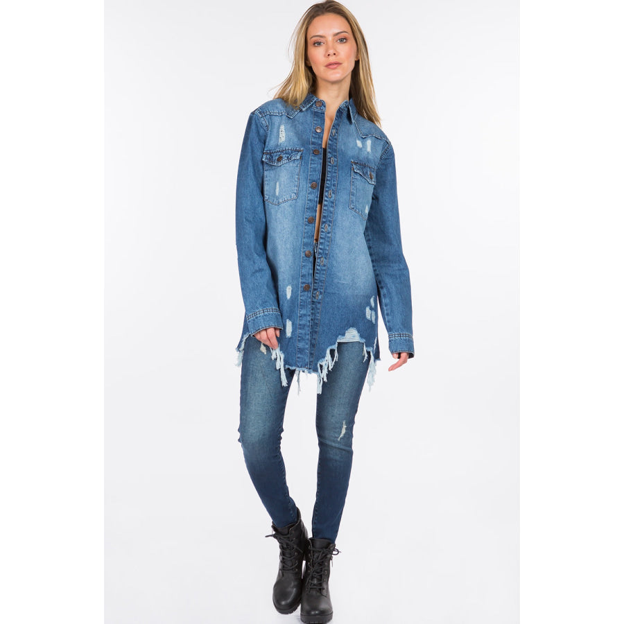 American Bazi Distressed Frayed Hem Denim Jacket Apparel and Accessories