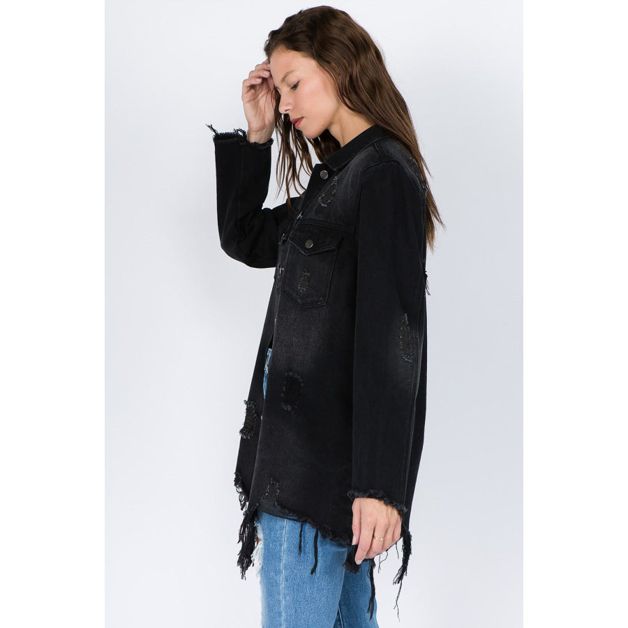 American Bazi Distressed Frayed Hem Denim Jacket Apparel and Accessories