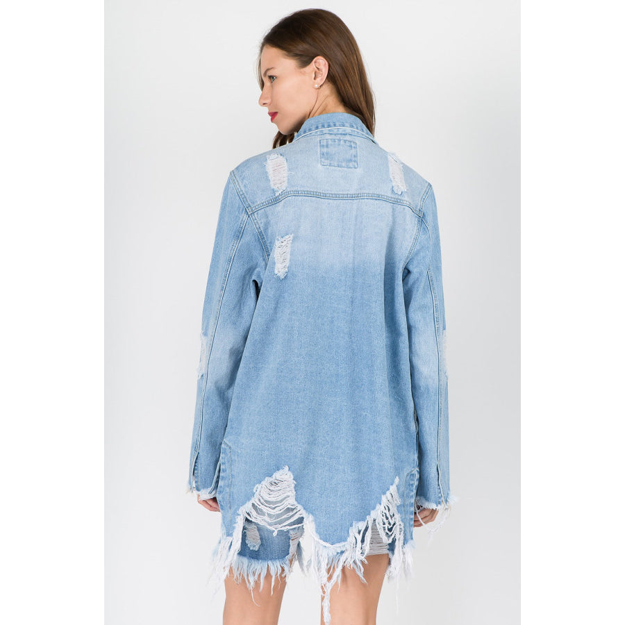 American Bazi Distressed Frayed Hem Denim Jacket Apparel and Accessories