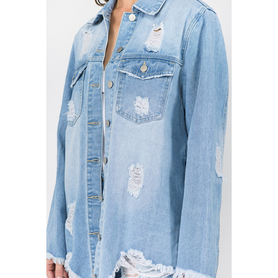 American Bazi Distressed Frayed Hem Denim Jacket Apparel and Accessories