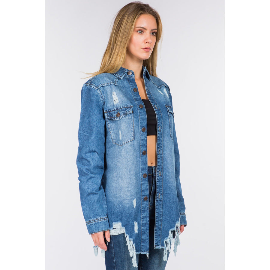 American Bazi Distressed Frayed Hem Denim Jacket Apparel and Accessories