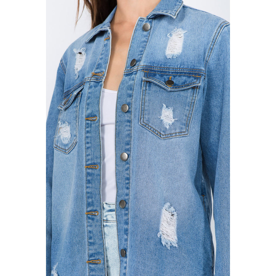 American Bazi Distressed Frayed Hem Denim Jacket Apparel and Accessories