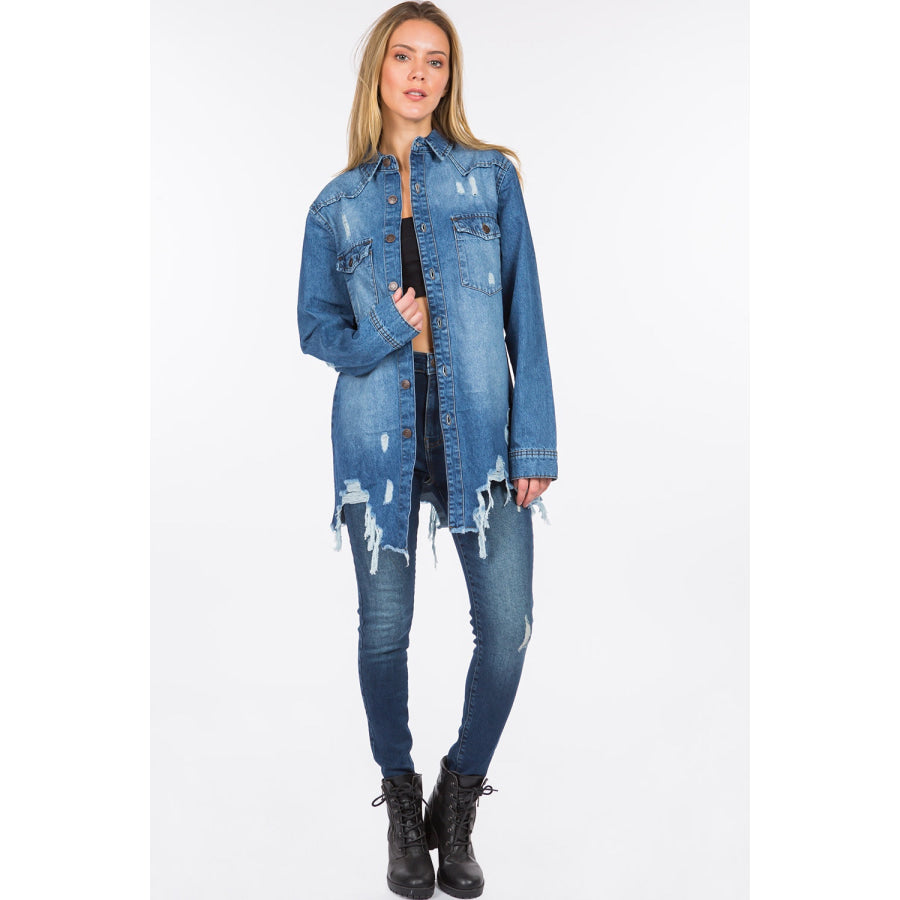 American Bazi Distressed Frayed Hem Denim Jacket Apparel and Accessories