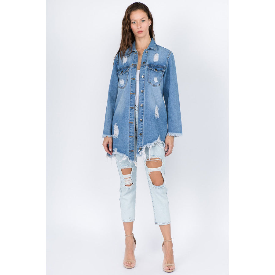 American Bazi Distressed Frayed Hem Denim Jacket Apparel and Accessories