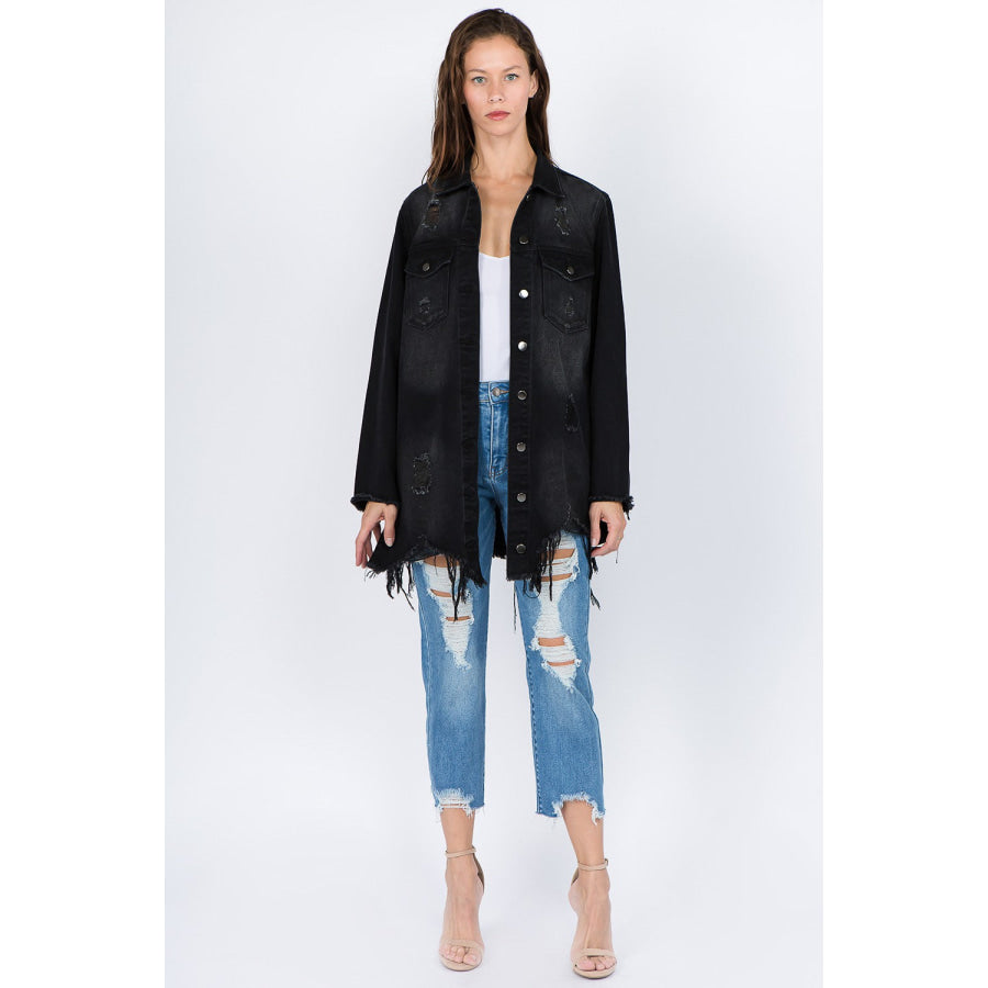 American Bazi Distressed Frayed Hem Denim Jacket Apparel and Accessories