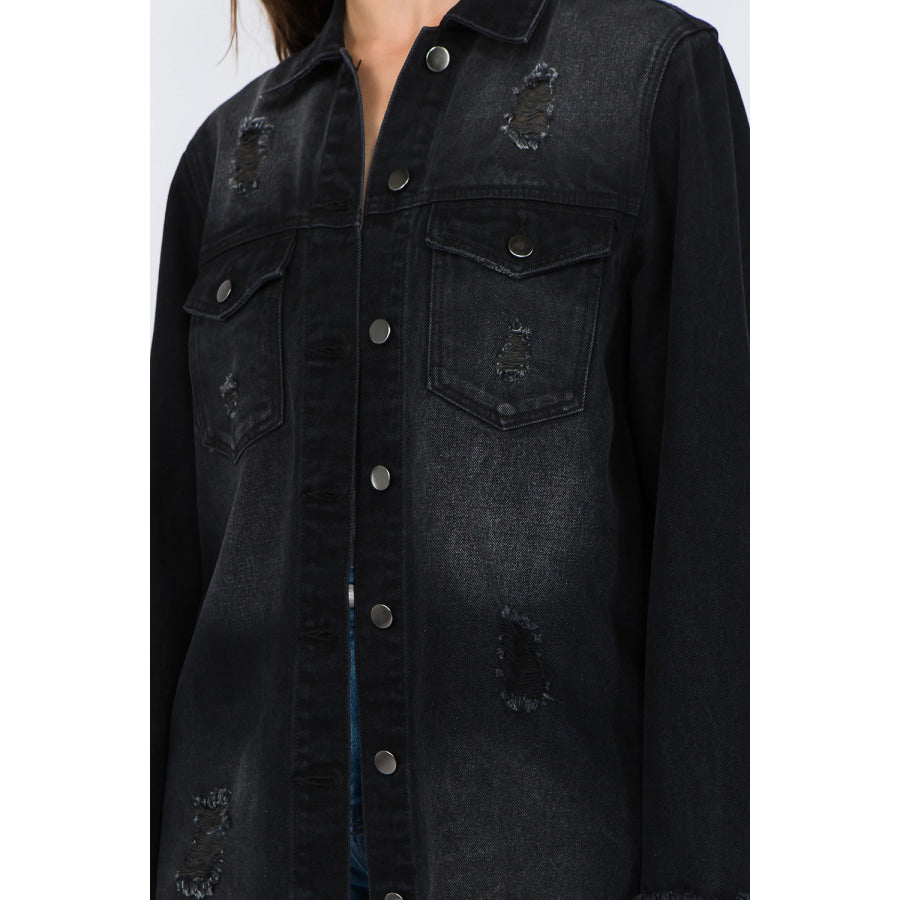 American Bazi Distressed Frayed Hem Denim Jacket Apparel and Accessories