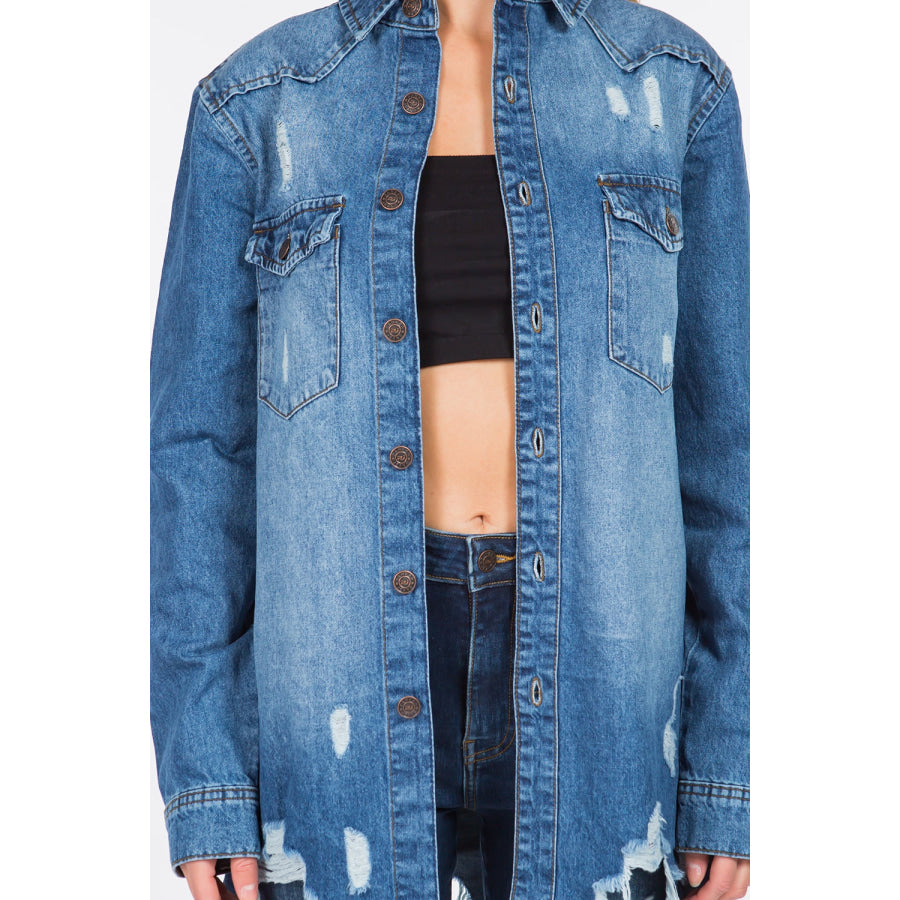 American Bazi Distressed Frayed Hem Denim Jacket Apparel and Accessories