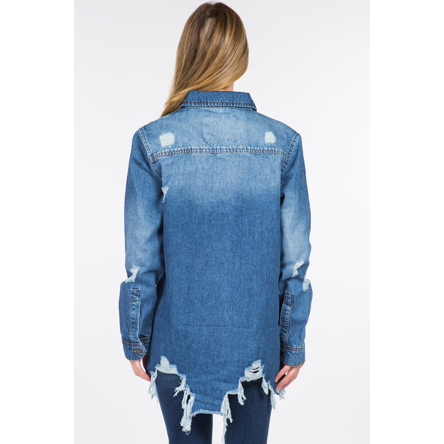 American Bazi Distressed Frayed Hem Denim Jacket Apparel and Accessories