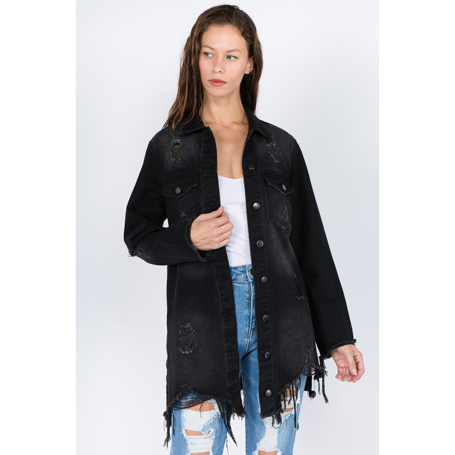 American Bazi Distressed Frayed Hem Denim Jacket Black / S Apparel and Accessories