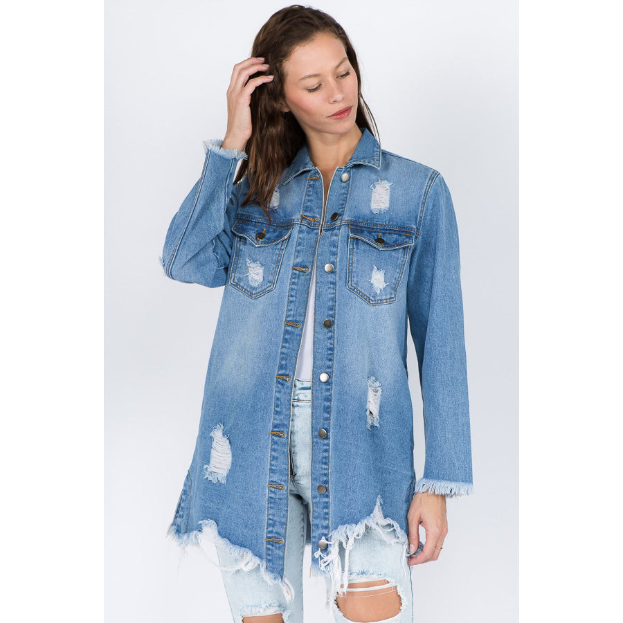 American Bazi Distressed Frayed Hem Denim Jacket Blue / S Apparel and Accessories