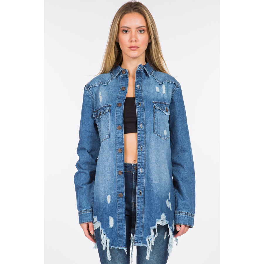 American Bazi Distressed Frayed Hem Denim Jacket Blue / S Apparel and Accessories