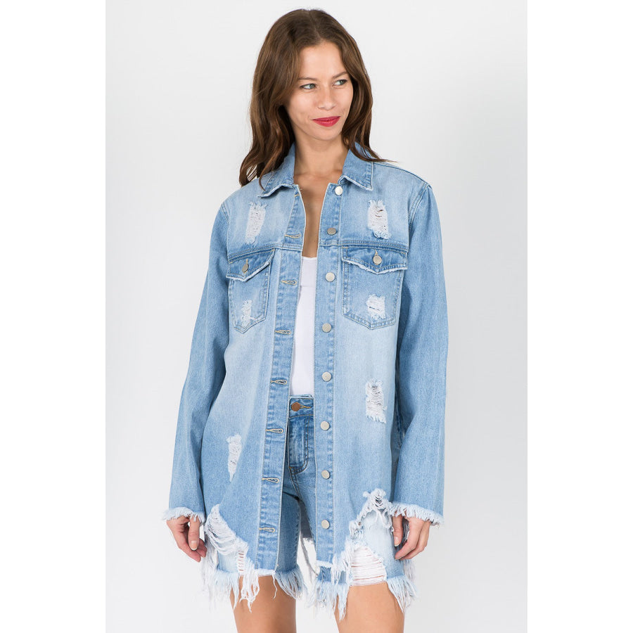 American Bazi Distressed Frayed Hem Denim Jacket LT Blue / S Apparel and Accessories