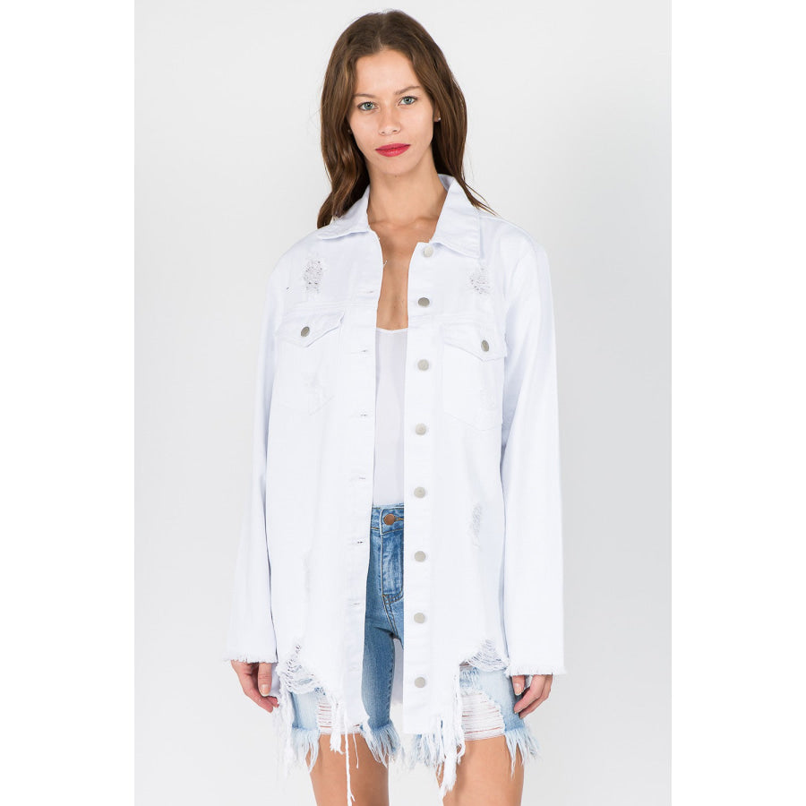 American Bazi Distressed Frayed Hem Denim Jacket White / S Apparel and Accessories