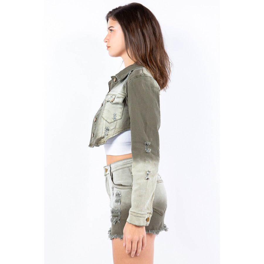 American Bazi Distressed Ombre Washed Cropped Denim Jacket Apparel and Accessories