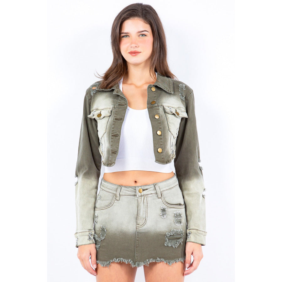 American Bazi Distressed Ombre Washed Cropped Denim Jacket Olive / S Apparel and Accessories