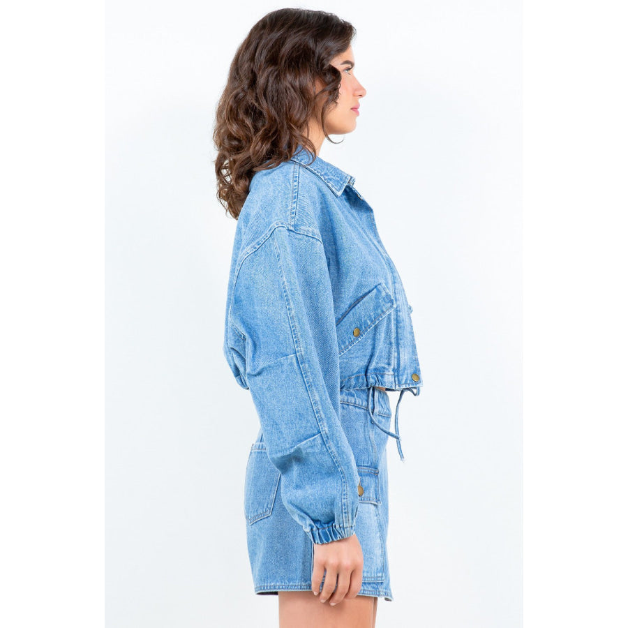 American Bazi Drawstring Waist Crop Denim Jacket Apparel and Accessories