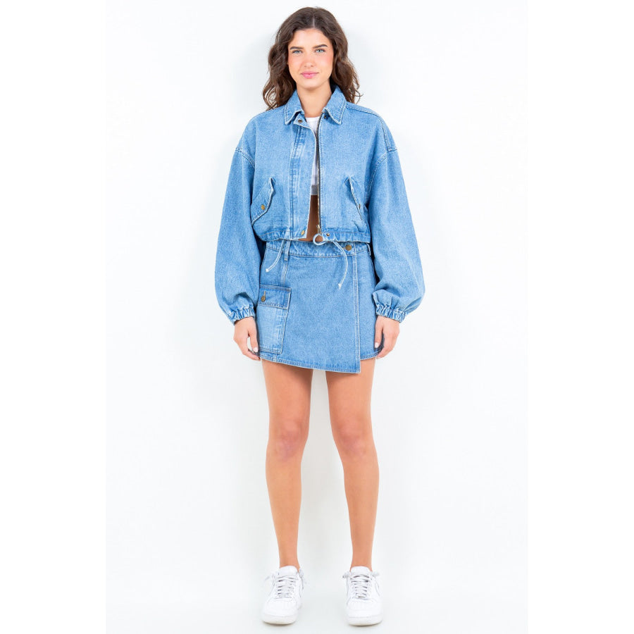 American Bazi Drawstring Waist Crop Denim Jacket Apparel and Accessories