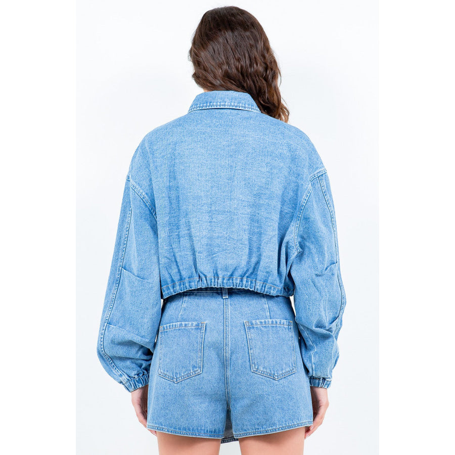 American Bazi Drawstring Waist Crop Denim Jacket Apparel and Accessories