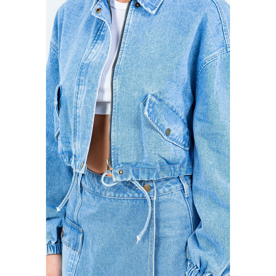 American Bazi Drawstring Waist Crop Denim Jacket Apparel and Accessories