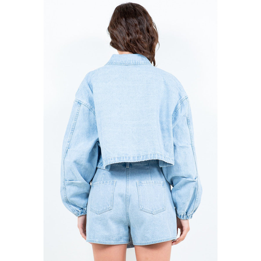 American Bazi Drawstring Waist Crop Denim Jacket Apparel and Accessories