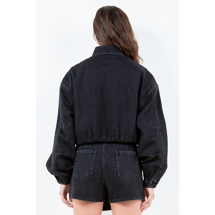 American Bazi Drawstring Waist Crop Denim Jacket Black / S Apparel and Accessories