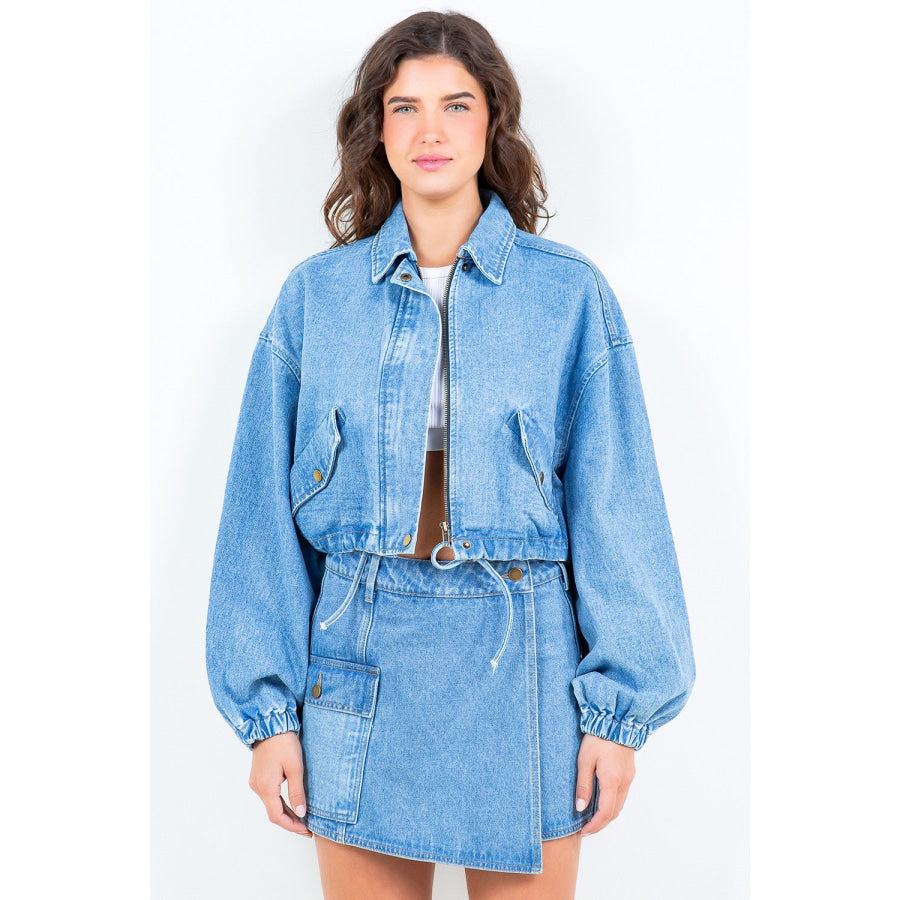 American Bazi Drawstring Waist Crop Denim Jacket Blue / S Apparel and Accessories