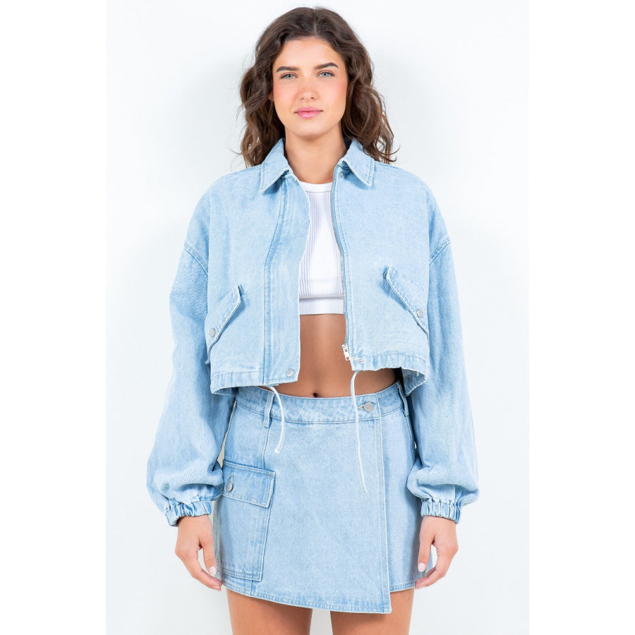 American Bazi Drawstring Waist Crop Denim Jacket LT Blue / S Apparel and Accessories