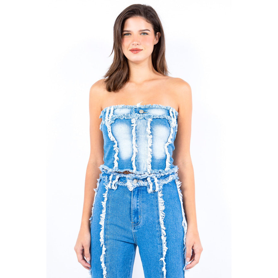 American Bazi Frayed Edge Denim Corset Top LT Blue / S Apparel and Accessories