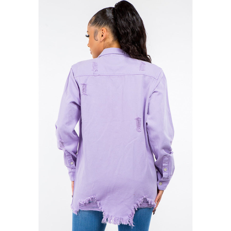 American Bazi Frayed Hem Distressed Denim Jacket Lavender / S Apparel and Accessories