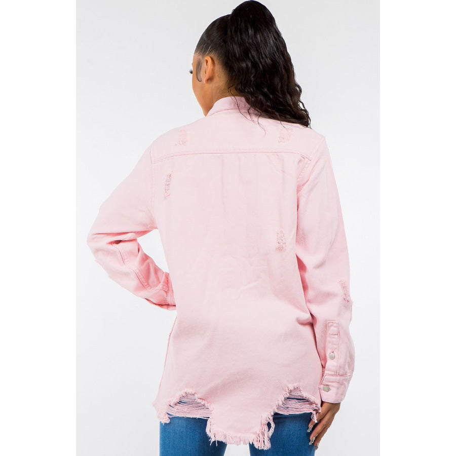 American Bazi Frayed Hem Distressed Denim Jacket Pink / S Apparel and Accessories