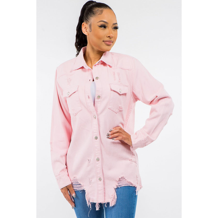 American Bazi Frayed Hem Distressed Denim Jacket Pink / S Apparel and Accessories