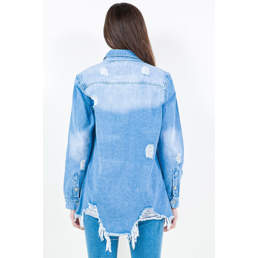 American Bazi Frayed Hem Distressed Denim Shirt Jacket Light Blue / S Apparel and Accessories