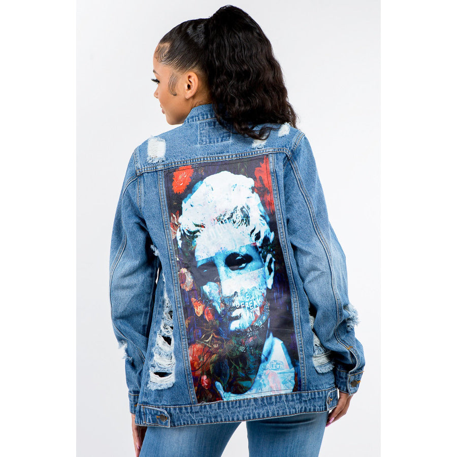 American Bazi Full Size Button Up Distressed Denim Jacket Blue / S Apparel and Accessories