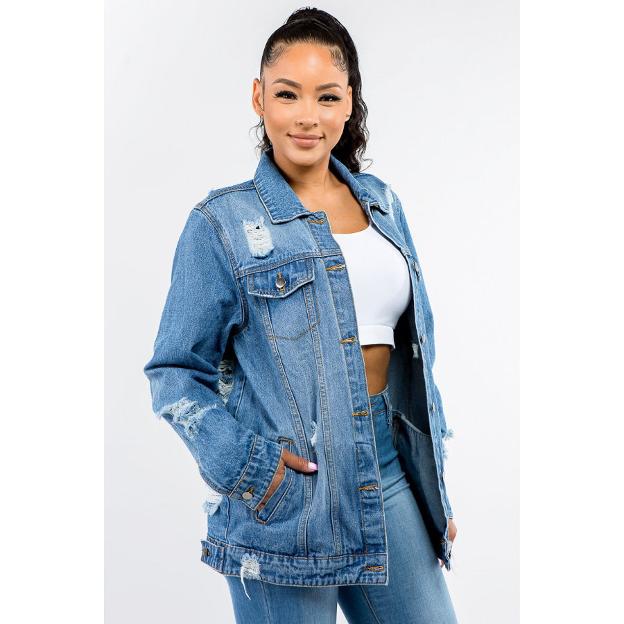 American Bazi Full Size Button Up Distressed Denim Jacket Apparel and Accessories