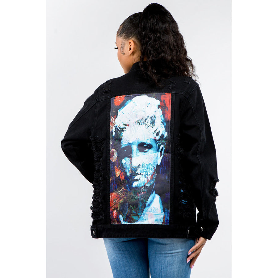 American Bazi Full Size Button Up Distressed Denim Jacket Black / S Apparel and Accessories