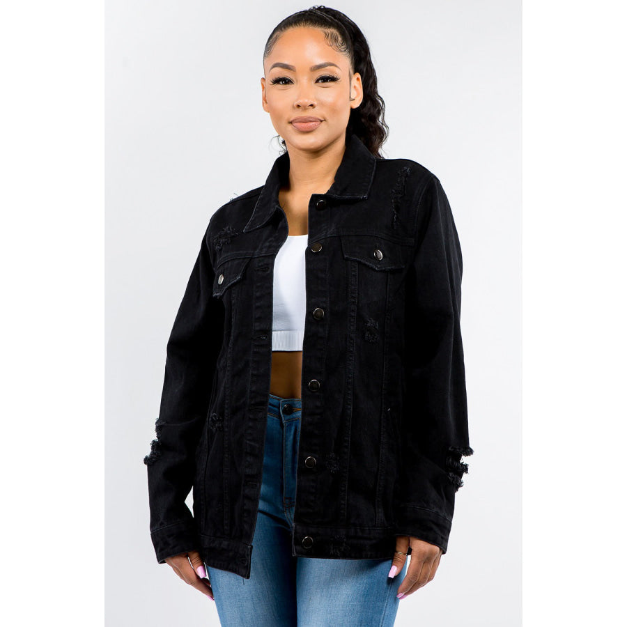 American Bazi Full Size Button Up Distressed Denim Jacket Black / S Apparel and Accessories