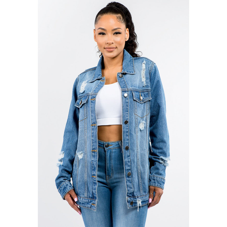 American Bazi Full Size Button Up Distressed Denim Jacket Blue / S Apparel and Accessories