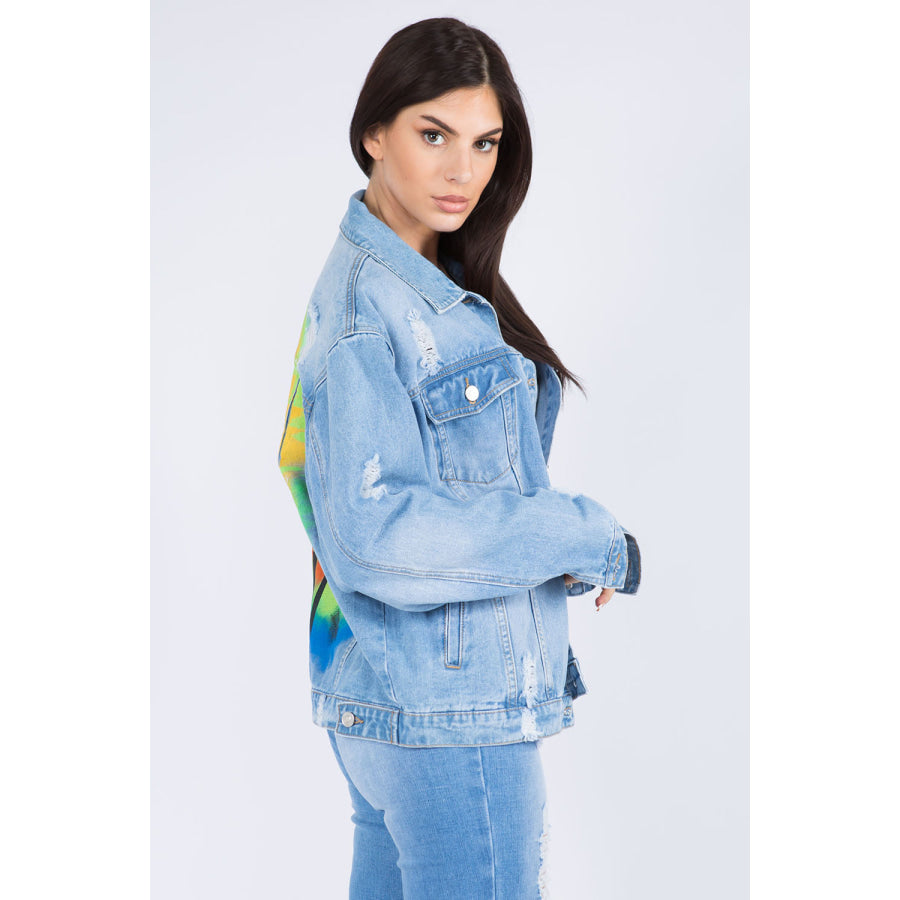 American Bazi Full Size Painted Back Distressed Denim Jacket Apparel and Accessories