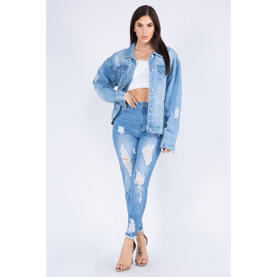 American Bazi Full Size Painted Back Distressed Denim Jacket Apparel and Accessories