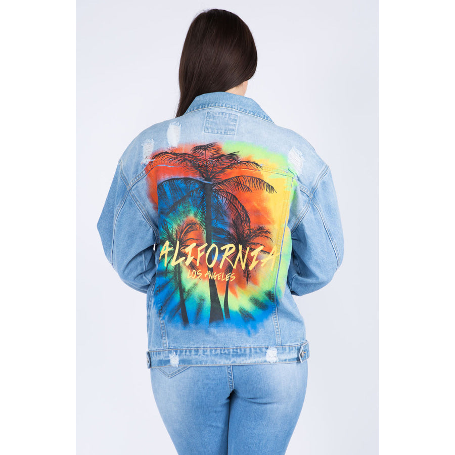 American Bazi Full Size Painted Back Distressed Denim Jacket Apparel and Accessories