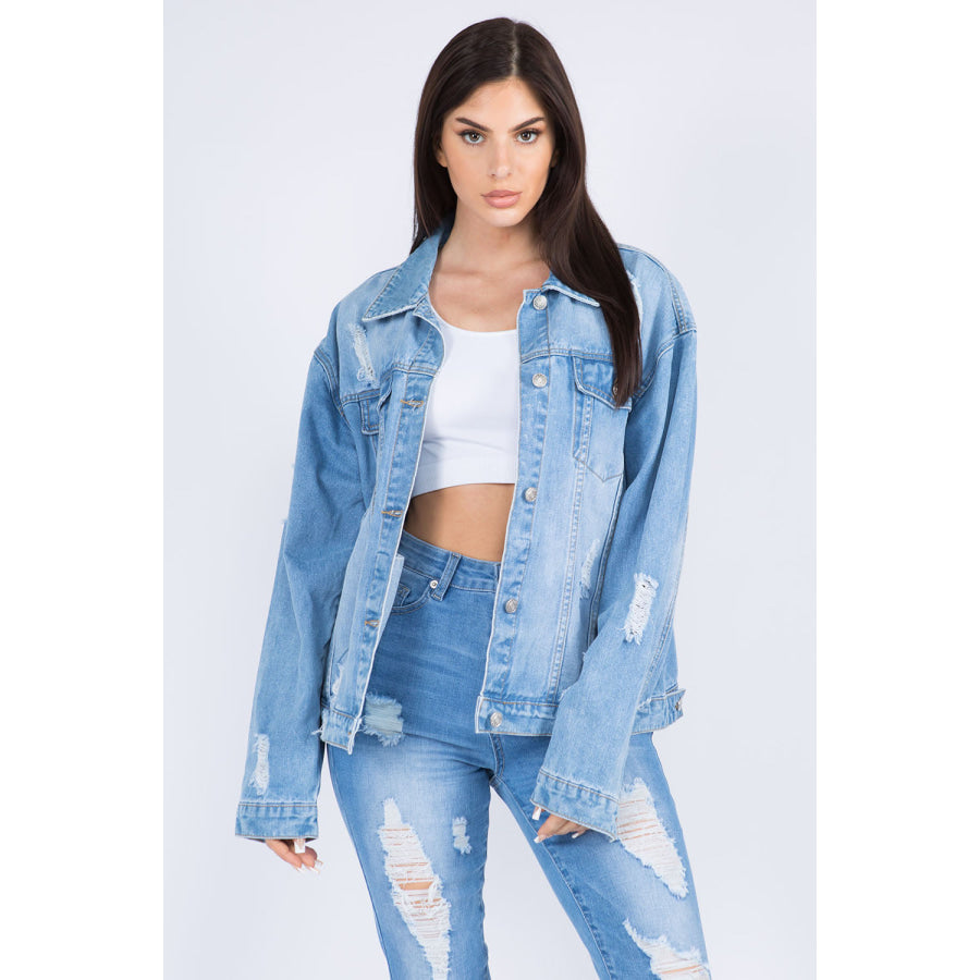 American Bazi Full Size Painted Back Distressed Denim Jacket Blue / S Apparel and Accessories