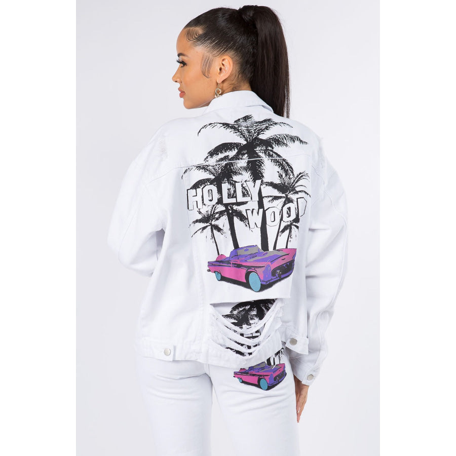 American Bazi Graphic Distressed Long Sleeve Denim Jacket White / S Apparel and Accessories