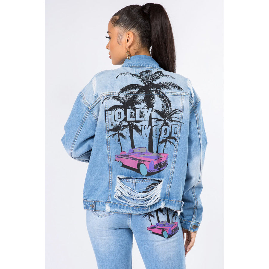 American Bazi Graphic Distressed Long Sleeve Denim Jacket Blue / S Apparel and Accessories