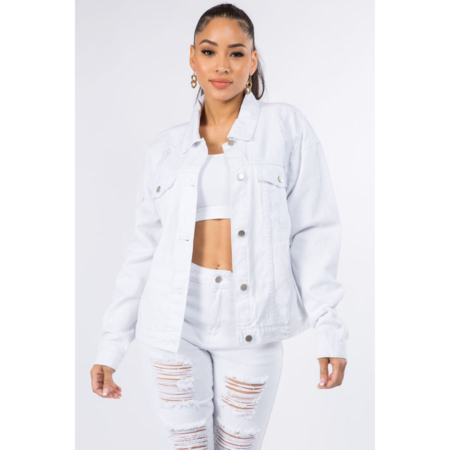 American Bazi Graphic Distressed Long Sleeve Denim Jacket White / S Apparel and Accessories